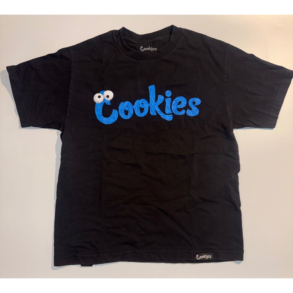 Cookies SF Mens Graphic T-Shirt Black Blue Textured Logo Googly Eyes Size M